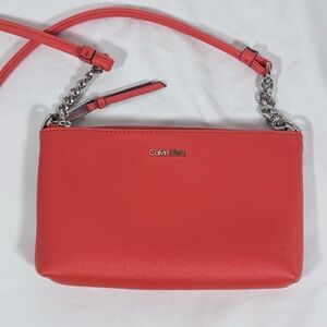 Calvin Klein Coral-Red Crossbody Bag with Chain Strap